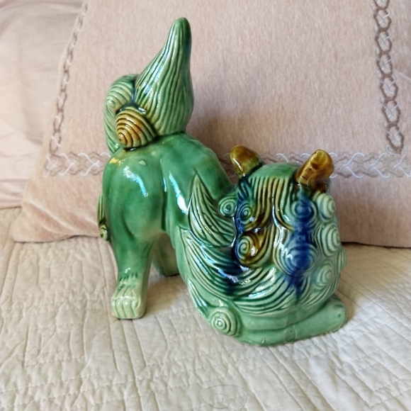 Vintage Majolica Chinese Porcelain Green, Blue & Tan Foo Dog Shishi Lion Statue - Picture 5 of 12